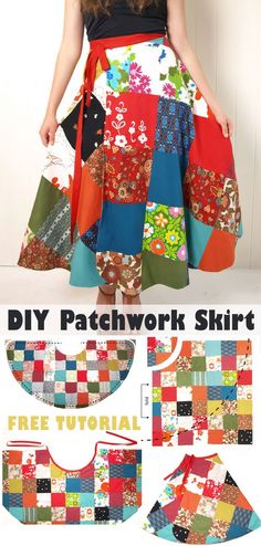 a woman is wearing a patchwork skirt and has her hands on her hips, while she