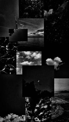 multiple black and white images with clouds, stars and the moon in the night sky