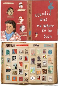 an open book with pictures and words on the cover, next to a drawing of a man's face