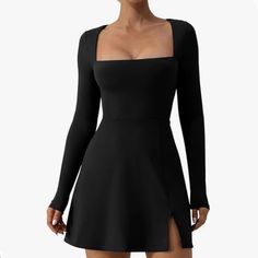 Tight Cut Bodice,Square Neckline With Long Sleeve,Front Seam Trim,High Waist Basic Mini Dress. Soft Breathable Stretch Material,Inner Lined Bust,No Pads,Above Knee Length,Side Slit,Athleisure Short Dress. This Square Neck Bodycon Dress Features With Sleek Form-Fitted,Stretch Fabric Sucks You In And Hug You In All The Right Places,Casual Dress For Fall,Winter,Spring. Simple Yet Fashion For All The Occasions Like Street Shot,Vacation,Party,Club,Night Out,Casual And Daily Life.Great Paired With Leg Black Ruched Dress, Short Summer Dresses, Long Sleeve Casual Dress, Mini Robes, Flare Mini Dress, Mini Dresses For Women, Long Sleeve Short Dress, Summer Party Dress, Spring Summer Dress