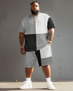 Designed with black, white, and gray color blocks splicing style, this men's two-piece short set shows a simple and elegant style. The color combination of the set is low-key yet fashionable. No matter where you go, the loose cut can ensure your comfort. Want a versatile set that is suitable for various occasions? This set is for you! Type: Short-Sleeved T-Shirt Shorts Set Design: Color Block, Splicing Style, Black, White, Gray Style: Simple Fit: Loose Neckline: Crew Sleeve Length: Short Sleeve Gray Color Block T-shirt For Summer, Casual Relaxed Fit Short Set For Vacation, Casual Short Set For Beach, Black Cotton Short Set For Summer, Casual Vacation Short Set With Relaxed Fit, Casual Gray Shorts For Vacation, Gray Summer Shorts For Vacation, Gray Beach Shorts For Summer, Gray Beach Shorts For Spring