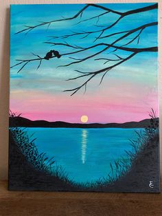 a painting of a sunset over a lake