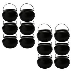 a set of six black pots and pans