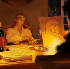 two people sitting at a table with drawings and wine bottles in front of them,