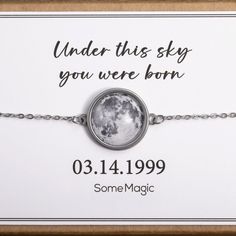 "Double Sided Moon Bracelet, Custom Moon Phase Bracelet, Engraved Star Map By Date, Personalized Gift For Women, Birthday Gift, Anniversary By purchasing this listing you will receive one double sided bracelet: FRONT SIDE - custom moon phase. BACK SIDE - engraved STAR MAP or engraved INITIAL AND DATE (by your choice). A perfect way to save a memory ♥ ➳ Just enter the DATE and PLACE that means something to you and I will make a bracelet from the moon phase which appeared that night. It can be any date, past or future, making this bracelet a wonderful and unique present for any occasion.  ➳ Please enter your TEXT for a GIFT CARD. You can also add a name, coordinates or any other words. Moon size is 0.6\"(16mm). Bracelet length is 6.5\"(16cm) + 2\"(5cm) extender for a perfect fit! If you need Celestial Adjustable Charm Bracelet Gift, Silver Moon-shaped Bracelet For Gifts, Silver Celestial Bracelets For Gift, Celestial Style Bracelet Jewelry As Gift, Celestial Style Bracelet Jewelry Gift, Celestial Style Bracelet Jewelry For Gifts, Adjustable Silver Moon Bracelet, Adjustable Silver Moon Bracelets, Silver Moon Shaped Adjustable Bracelet