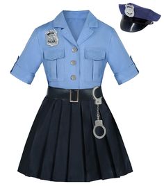 a blue police uniform with handcuffs and hat on it's head is shown in front of a white background