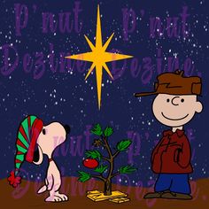 a charlie brown christmas card with a dog and a star on the sky above it