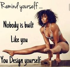 a woman sitting on top of a wooden block with her legs crossed and the words, remind yourself nobody is built like you you design yourself