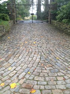 a cobblestone road with an iron gate at the end and trees in the background