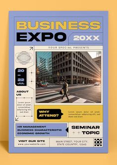 a business expo flyer with an image of a man crossing the street