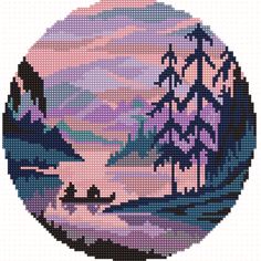 a cross stitch pattern with trees and mountains in the background