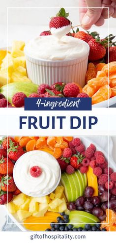 fruit dip with whipped cream on top and fresh fruit in the middle, including strawberries