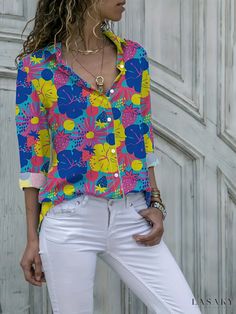 Lasaky - Chic Floral Print Button-Up Shirt with Long Sleeves and Collar - Womens Casual Fashion Casual Printed Button-up Blouse, Colorful Long Sleeve Vacation Top, Long Sleeve Floral Print Shirt For Vacation, Casual Multicolor Button-up Blouse, Vacation Long Sleeve Shirt With Floral Print, Yellow Long Sleeve Vacation Shirt, Casual Colorful Floral Print Blouse, Colorful Printed Casual Blouse, Multicolor Print Button-up Top For Vacation