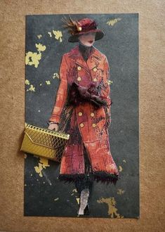 an altered photograph of a woman in a red coat and hat holding a yellow purse