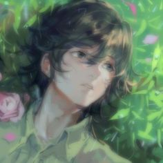 a digital painting of a young man in front of some pink flowers and greenery