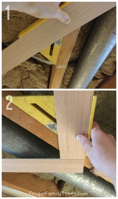 two pictures showing how to make a diy fireplace mantel from plywood planks