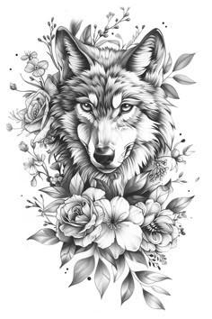 a drawing of a wolf with flowers on it