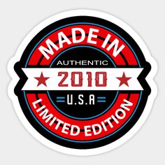 the made in 2010 usa sticker on a white background with red, blue and black stars