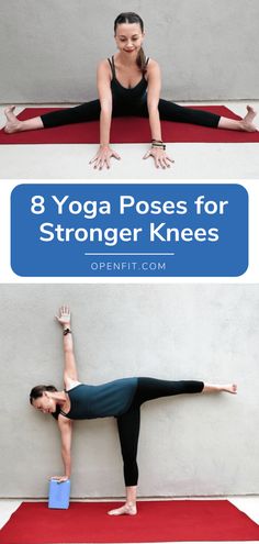 a woman doing yoga poses for strong knees and lower back muscles with text overlay that reads, 8 yoga poses for strong knees