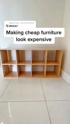 a book shelf sitting on top of a white tiled floor next to a wall with the words making cheap furniture look expensive