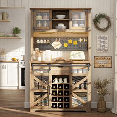 a kitchen with wooden cabinets and shelves filled with dishes on top of each shelf in front of an open door