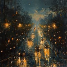 a painting of a city street at night with cars driving down the road in the rain