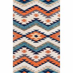 an orange, blue and white rug with geometric designs on the bottom half of it