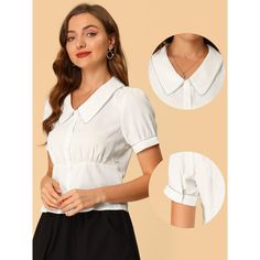 The Allegra K Casual Shirt for Women features a doll collar and puff short sleeves with button cuffs. This shirt is designed with contrast trim and a button-down front, made from lightweight fabric for a regular fit. The cropped design adds to your wardrobe choices for the upcoming seasons. The line decoration on the neckline and the V-neck design highlight the shirt's detailed and stylish look. Perfect for pairing with high-waisted pants and short skirts, this versatile shirt is suitable for va Office Tops With Peter Pan Collar And Buttons, Peter Pan Collar Tops With Buttons For Office, Fitted Blouse With Peter Pan Collar, Fitted Short Sleeve Preppy Blouse, Fitted Tops With Detachable Collared Shape, Classic Short Sleeve Blouse With Striped Collar, Fitted Button-up Top With Contrast Collar, Preppy Collared Blouse For Workwear, Short Sleeve Blouse With Striped Collar For Work