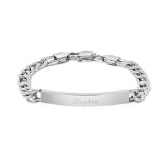 This stainless steel ID engravable figaro chain bracelet makes a great everyday accessory! It measures a little over 7 inches long and makes a perfect gift for that special person in your life. This personalized and lightweight design features a 1/4 inch tall identification plate, which can be engraved on the front and the back. Though created for a name engraving, you could also add a message like, "til we're next together". Consider adding a date of a trip you took, or two couples names like Jack and Jill. Details: • Engraved Slim Figaro Link ID Bracelet • 7.25 Inches Long • Lobster Claw Closure Two Couples, Jack And Jill, Figaro Chains, Figaro Chain, Id Bracelets, Everyday Accessories, Special Person, Lobster Claw, Bracelet Making