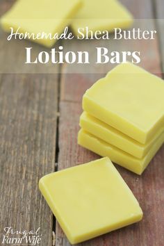 homemade shea butter lotion bars stacked on top of each other with text overlay