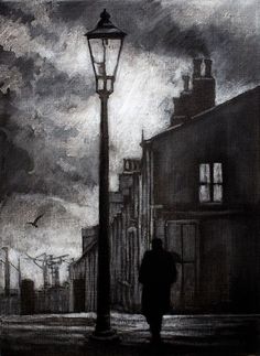 a drawing of a person walking down the street in front of a lamp post and building