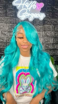 aqua blue lacefront wig install side part curls Side Part Curls, Cute Weave Hairstyles, Blue Lace Front Wig, Lacefront Wig, Aqua Hair, Wig Install