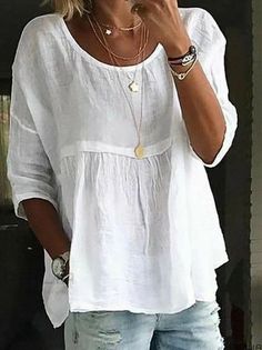 Cotton Linen Blend Seven-Quarter Sleeve Cool Top from Pure Cotton Collection Women Blouses Fashion, Linen Clothes, White Top, White Shirt, Cotton Linen, Linen Blend, Round Neckline, Pure Cotton, Boho Fashion