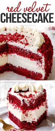 red velvet cheesecake with white frosting on top