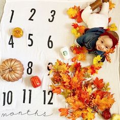 a baby doll laying on top of a blanket next to fall leaves