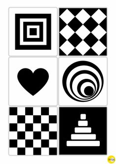 four different black and white squares with hearts