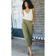 Super Cool Olive Green Ankle Pants With Nice Front Waist Detail. Back Of Waist Has Stretch Band For Perfect Fit! Casual Yet Very Boho Chic! Fabric Is 100 % Cotton. #Blogger Styles Free People Madewell Asos H&M Zara Gap Vans Victoria's Secret Colombia Calvin Klein Ralph Lauren Rag & Bone All Saints Michael Kors Coach Birkenstock Cabela's Silent D Tommy Hilfiger Express Ray-Ban Diesel Jessica Simpson Tommy Bahama Johnny Wasshow Me Your Mumu Kate Spade Sorel Tiffany And Co Gucci Prada Valentino Ver