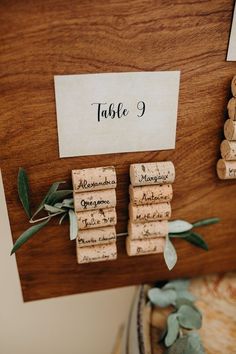 wine corks and place cards on a table