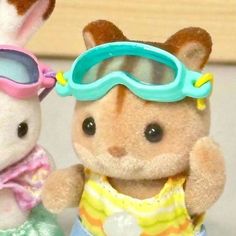 two stuffed animals with sunglasses on their heads and one is wearing a swim suit, the other has a bathing suit