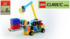 a lego truck with a crane on it's back is shown in front of a white background