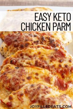 easy keto chicken parm recipe on a white plate with text overlay that reads easy keto chicken parm