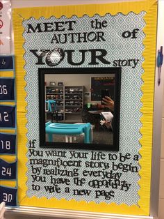 a bulletin board with an image of a person's hand in the mirror on it