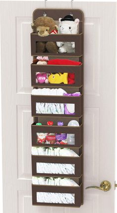 an over the door storage rack with stuffed animals