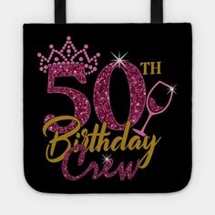 the 50th birthday girl tote bag is shown with pink and gold glitters on it