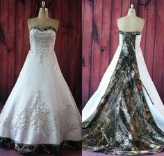 two wedding gowns on mannequins in front of a wooden wall, one is white and the other is black