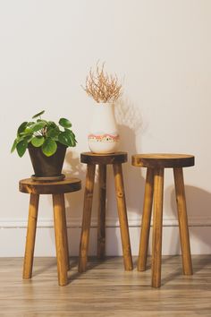 two small wooden stools next to each other with a potted plant on top