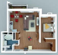 an overhead view of a bedroom and living room in a small apartment with wood flooring