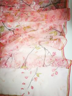 Luxury Hand painted Silk Chiffon scarf with flowering Cherry Tree branch in Warm Pink background. Lots of white and light pink cherry blossoms and little dark pink buds flowering in a spring time. Several olive green leaves and wind blown petals... Some accents in gold. All this beauty is framed with and double olive green and darker pink boarding. Very romantic, sweet, soft and cozy. ---------------------------------------------------------------------------------------------------------------- Pink Silk Scarf For Spring Wedding, Spring Wedding Pink Silk Scarf, Pink Silk Scarf, Floral Tree, Flowering Cherry Tree, Silk Chiffon Scarves, Small Scarf, Blossom Design, Hand Painted Silk