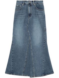 blue cotton denim whiskering effect at the thighs contrast stitching logo patch to the rear high-rise classic five pockets long length flared hem rear slit Maxi Skirt Blue, Stitching Logo, Boho Lifestyle, Flared Denim, Denim Maxi, City Dress, Denim Maxi Skirt, Summer Beach Wear, Denim Flares