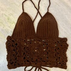 Crochet crop top is size medium with adjustable corset straps Corset Halter Top, Fantasy Country, Crochet Corset, Halloween Costume Outfits, Crochet Crop, Crochet Crop Top, Halter Crop Top, Costume Outfits, Chocolate Brown